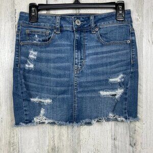 American Eagle Hi-Rise Mini denim skirt distressed Super Stretch blue size 4